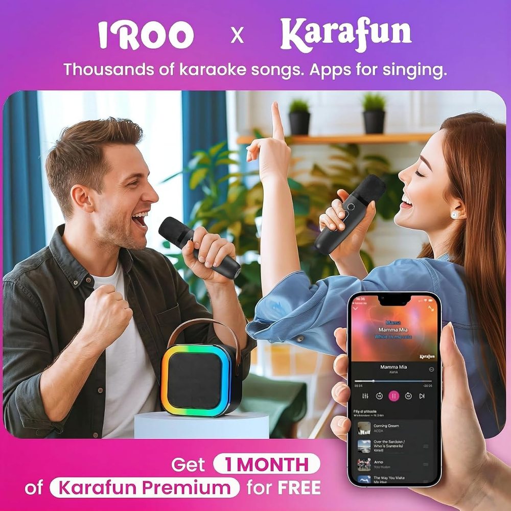IROO Mini Karaoke Machine, Black, 2 Wireless Mics, view 5